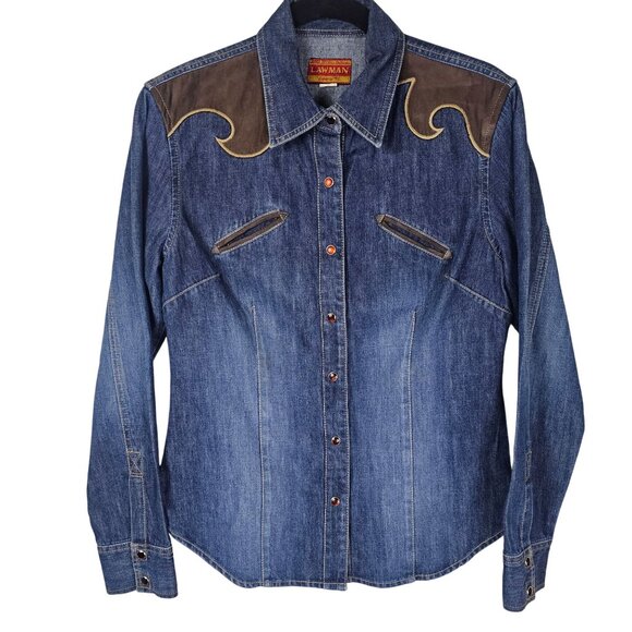 Vtg Lawman Western Pearl Snap Denim Shirt L Faux Suede Rodeo Retro Rockabilly - Picture 1 of 11